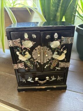 Vintage Black Mother-of-Pearl Inlaid Jewelry Cabinet